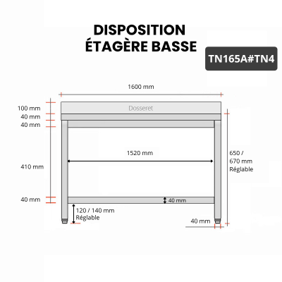 Table inox soubassement 1600 x 500 mm adossée / GOLDINOX