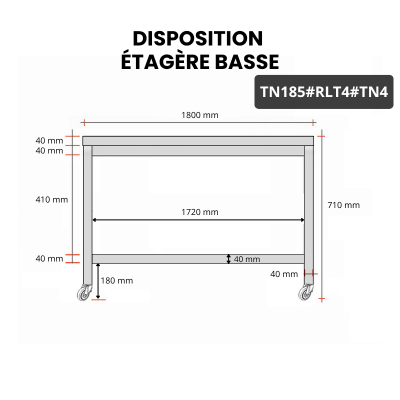 Table inox soubassement 1800 x 500 mm sur roulettes / GOLDINOX