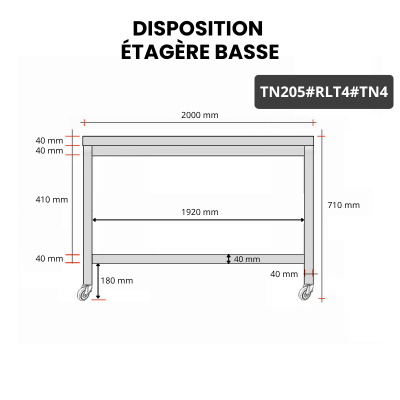 Table inox soubassement 2000 x 500 mm sur roulettes / GOLDINOX