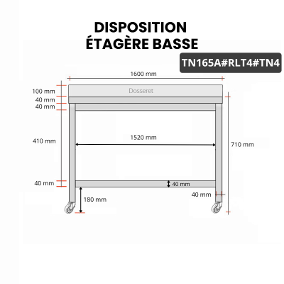 Table inox soubassement 1600 x 500 mm adossée sur roulettes / GOLDINOX
