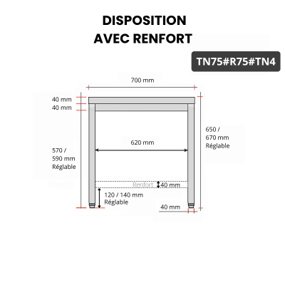 Table inox soubassement 700 x 500 mm avec renfort / GOLDINOX