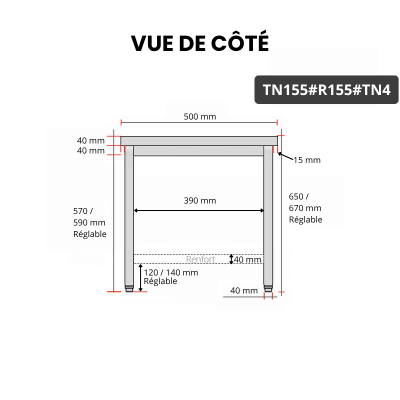 Table inox soubassement 1500 x 500 mm avec renfort / GOLDINOX