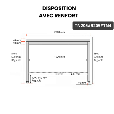 Table inox soubassement 2000 x 500 mm avec renfort / GOLDINOX
