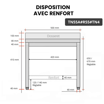 Table inox soubassement 500 x 500 mm adossée avec renfort / GOLDINOX