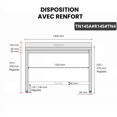 Table inox soubassement 1500 x 500 mm adossée avec renfort / GOLDINOX