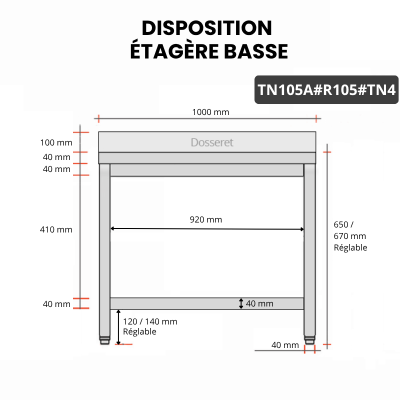 Table inox soubassement 800 x 500 mm adossée avec renfort / GOLDINOX