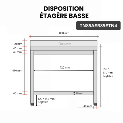 Table inox soubassement 700 x 500 mm adossée avec renfort / GOLDINOX