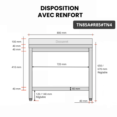 Table inox soubassement 700 x 500 mm adossée avec renfort / GOLDINOX