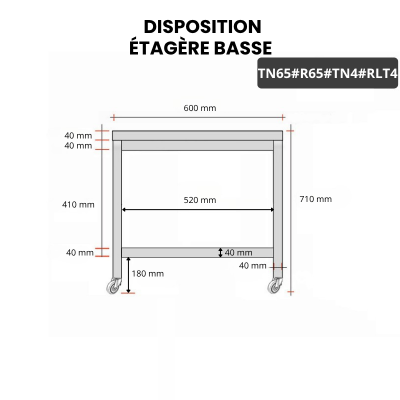 Table inox soubassement 600 x 500 mm avec renfort sur roulettes / GOLDINOX