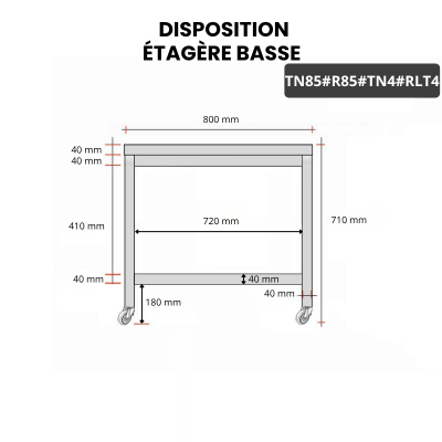 Table inox soubassement 800 x 500 mm avec renfort sur roulettes / GOLDINOX
