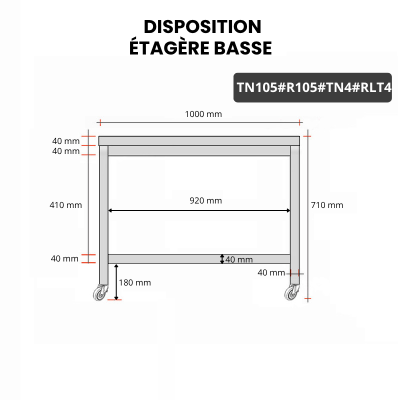 Table inox soubassement 1000 x 500 mm avec renfort sur roulettes / GOLDINOX