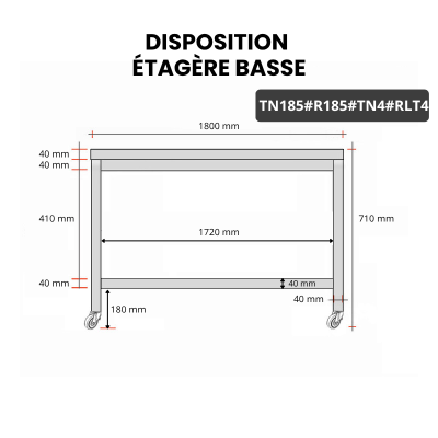 Table inox soubassement 1800 x 500 mm avec renfort sur roulettes / GOLDINOX