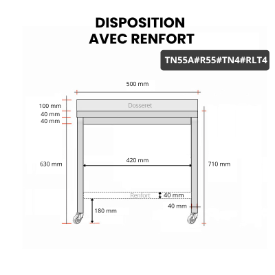 Table inox soubassement 500 x 500 mm adossée avec renfort sur roulettes / GOLDINOX