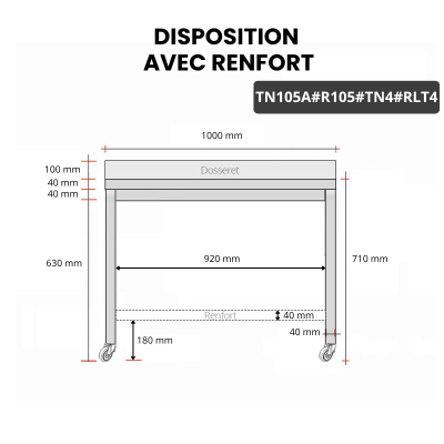 Table inox soubassement 1000 x 500 mm adossée avec renfort sur roulettes / GOLDINOX