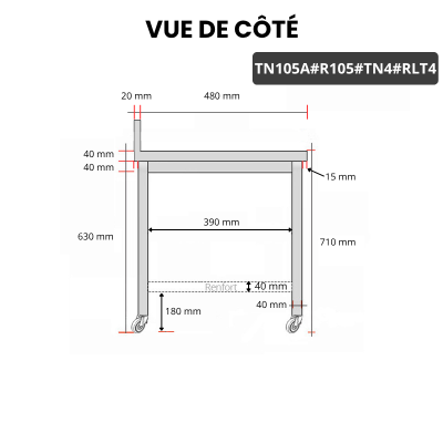 Table inox soubassement 1000 x 500 mm adossée avec renfort sur roulettes / GOLDINOX