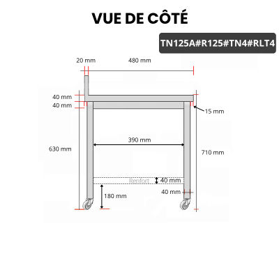 Table inox soubassement 1200 x 500 mm adossée avec renfort sur roulettes / GOLDINOX