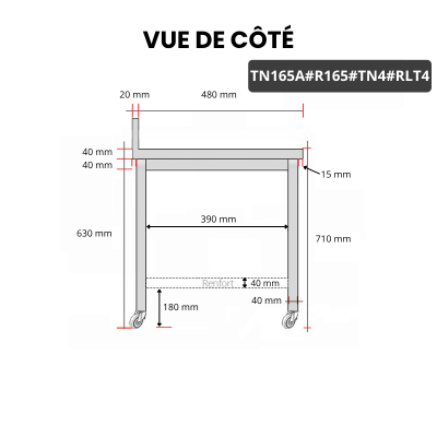 Table inox soubassement 1600 x 500 mm adossée avec renfort sur roulettes / GOLDINOX