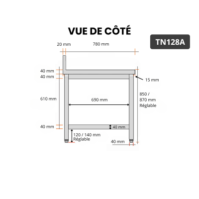 Table inox 1200 x 800 mm adossée / GOLDINOX