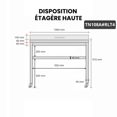 Table inox 1000 x 800 mm adossée sur roulettes / GOLDINOX
