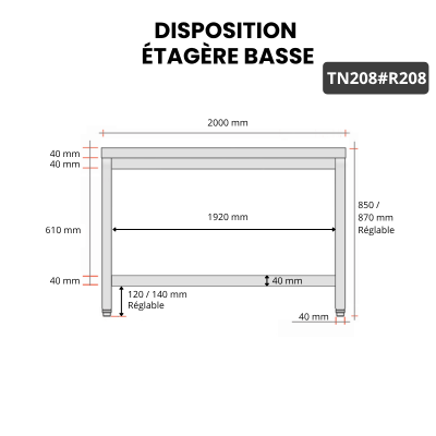 Table inox 2000 x 800 mm avec renfort / GOLDINOX
