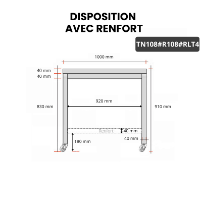 Table inox 1000 x 800 mm avec renfort sur roulettes / GOLDINOX