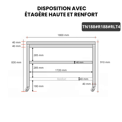 Table inox 1800 x 800 mm avec renfort sur roulettes / GOLDINOX