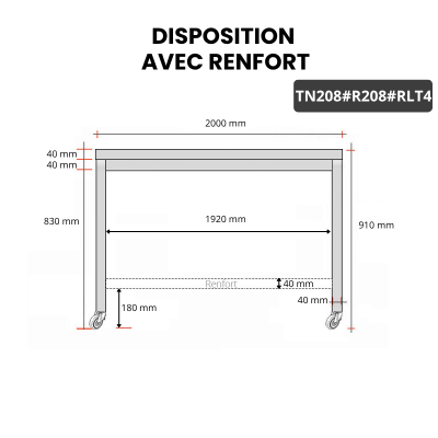 Table inox 2000 x 800 mm avec renfort sur roulettes / GOLDINOX