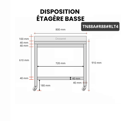 Table inox 800 x 800 mm adossée avec renfort sur roulettes / GOLDINOX