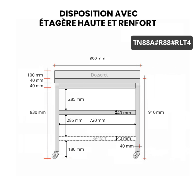 Table inox 800 x 800 mm adossée avec renfort sur roulettes / GOLDINOX