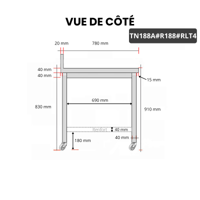 Table inox 1800 x 800 mm adossée avec renfort sur roulettes / GOLDINOX