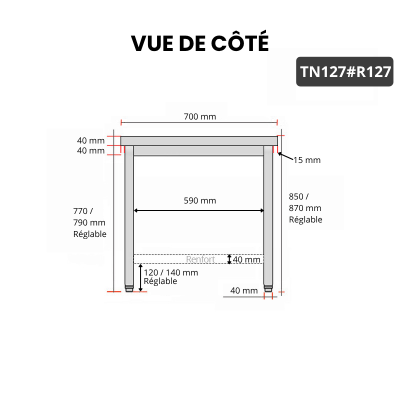 Table inox 1200 x 700 mm avec renfort / GOLDINOX