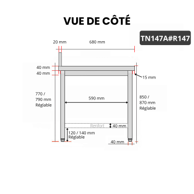 Table inox 1400 x 700 mm adossée avec renfort / GOLDINOX