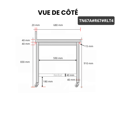Table inox 600 x 700 mm adossée avec renfort sur roulettes / GOLDINOX