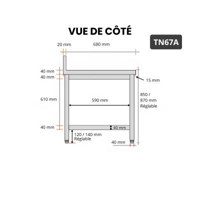 Table inox 600 x 700 mm adossée PREMIUM / GOLDINOX 