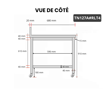 Table inox 1200 x 700 mm adossée sur roulettes / GOLDINOX 