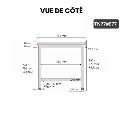 Table inox 700 x 700 mm avec 2 étagères / GOLDINOX