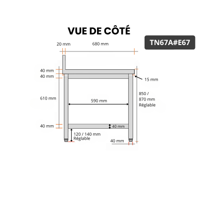 Table inox 600 x 700 mm adossée avec 2 étagères / GOLDINOX