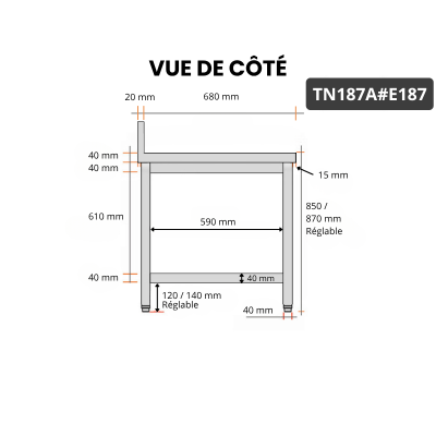Table inox 1800 x 700 mm adossée avec 2 étagères / GOLDINOX