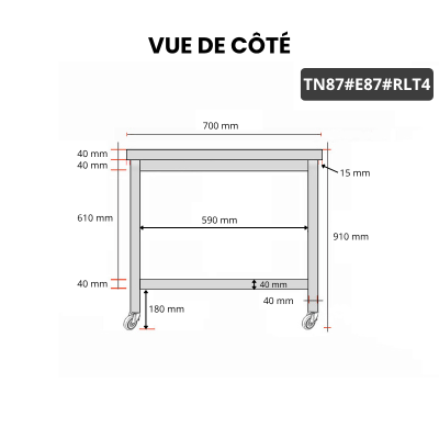 Table inox 800 x 700 mm avec 2 étagères sur roulettes / GOLDINOX