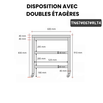 Table inox 600 x 700 mm avec 2 étagères sur roulettes / GOLDINOX