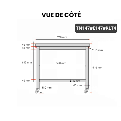 Table inox 1400 x 700 mm avec 2 étagères sur roulettes / GOLDINOX