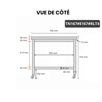 Table inox 1600 x 700 mm avec 2 étagères sur roulettes / GOLDINOX