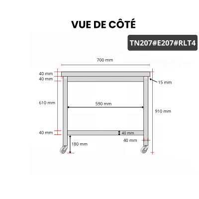 Table inox 2000 x 700 mm avec 2 étagères sur roulettes / GOLDINOX
