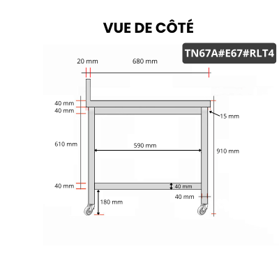 Table inox 600 x 700 mm adossée avec 2 étagères sur roulettes / GOLDINOX