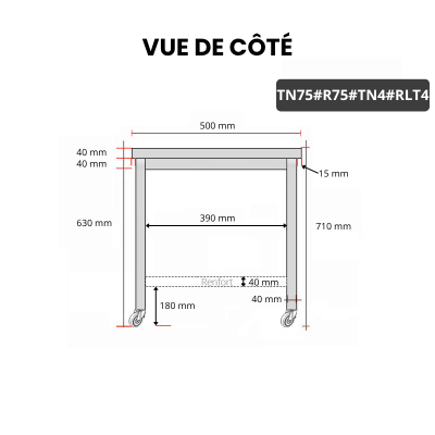 Table inox soubassement 700 x 500 mm avec renfort sur roulettes / GOLDINOX