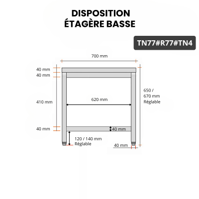 Table inox soubassement 700 x 700 mm avec renfort / GOLDINOX