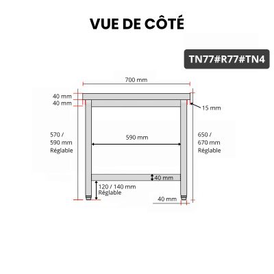 Table inox soubassement 700 x 700 mm avec renfort / GOLDINOX