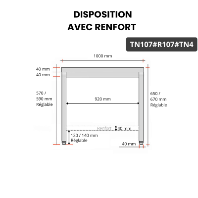 Table inox soubassement 1000 x 700 mm avec renfort / GOLDINOX
