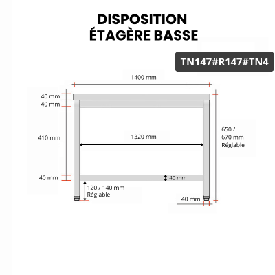 Table inox soubassement 1400 x 700 mm avec renfort / GOLDINOX