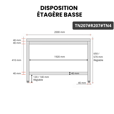 Table inox soubassement 2000 x 700 mm avec renfort / GOLDINOX